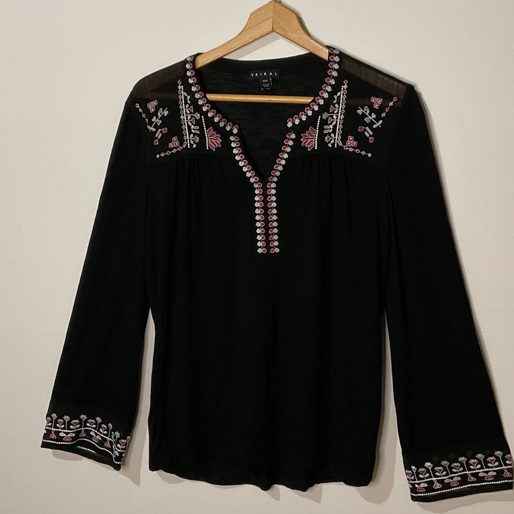 Tribal Black Blouse with Pink Embroidery Women’s Size M